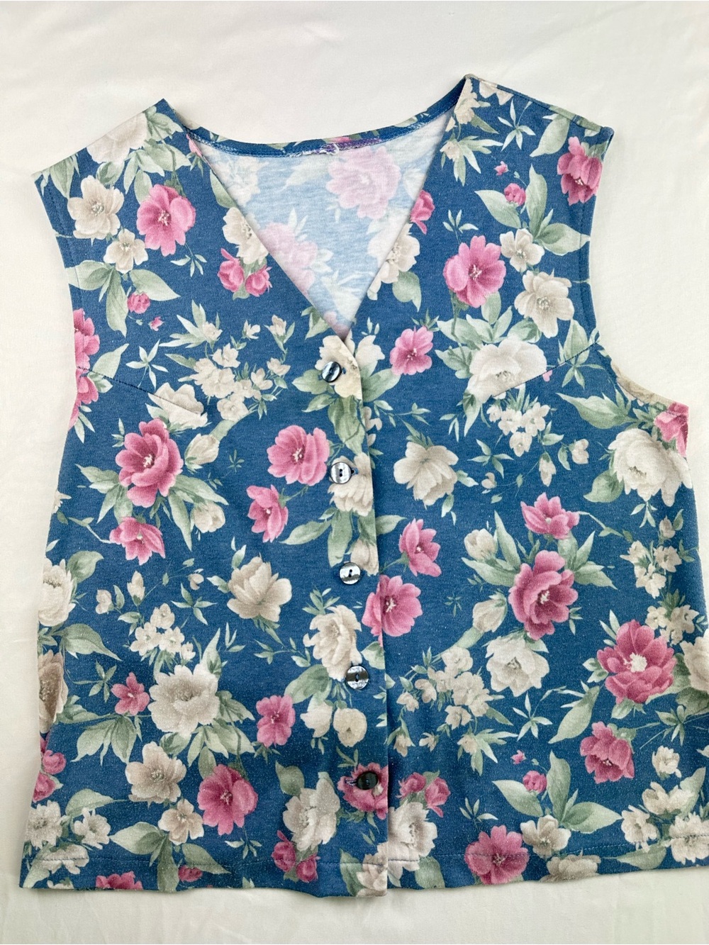 Vintage 90s Floral Vest Cottagecore Blue Waistcoat 80s Grandma Fairy Tapestry